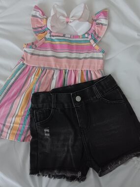 Honeydew USA Girls Striped Rainbow Ruffle Tank & Charcoal Denim Shorts Set (4)
